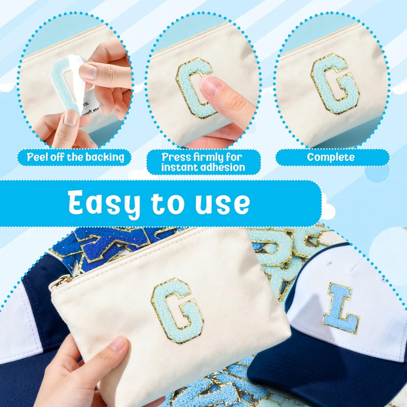 Self Adhesive Chenille Letters Patches 104PCS Blue Stick on Letter