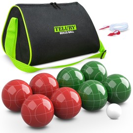 TELURY Bocce Ball Set 100mm Regulation Size and Weight for Lawn, Beach Bocci Game Sets for 2-8 Players (Red and Green)