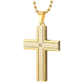 COOLSTEELANDBEYOND Men's Gold Cross Pendant Necklace, Etched Detail Work and Cubic Zirconia, Stainless Steel, Religious Jewellery for Everyday Use, Stainless Steel, Cubic Zirconia