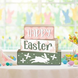 Fenteer 3 Pieces Wooden Easter Table Blocks Easter Tabletop Decorations Indoor Sturdy Tabletop Sign Multifunctional for Spring Office, Easter Bunny