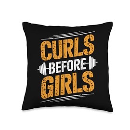 Curls Before Girls, Bodybuilder Weightlifting Gym Workout Throw Pillow
