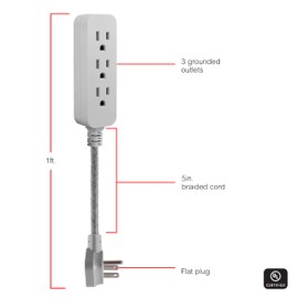 GE 3-Outlet Power Strip Extension Cord with Multiple Outlets 6 Inch Braided Short Cord Extension Cord Grounded Flat Plug ETL Listed Gray 53199
