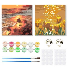 MOGTAA Framed Paint by Numbers for Adults Children Beginners, 2 Pack Flowers Paint by Numbers for Adults, Kids' Painting by Numbers, DIY Acrylic Sunset Oil Painting with Wooden Easel (8x8inch)