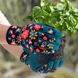 Fulasun Gardening Gloves Breathable Polyester Fiber Garden Gloves Thorn Proof Ladies Work Gloves Ergonomic Working Gloves for Weeding Digging Planting Picking and Pruning ..(Green flower)