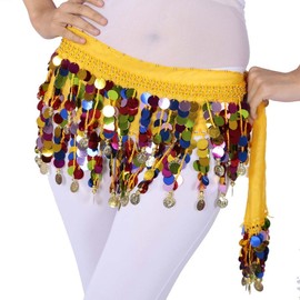 ZLTdream Belly Dance Color Sequin Film Gong Hip Scarf Skirt With Gold Coins For Women Belly Dancer Costume Chiffon Yellow