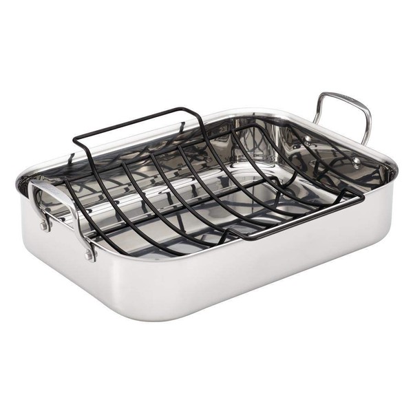 Anolon Triply Clad Stainless Steel Roaster / Roasting Pan with Rack - 17 Inch x 12.5 Inch, Silver