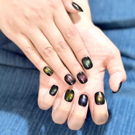 Sun&Beam Nails Handmade Press-On Short Round with Black Colorful Magnetic Design Charm Cat Eye Cute False Nail Tips 10 Pcs (#91 XS)