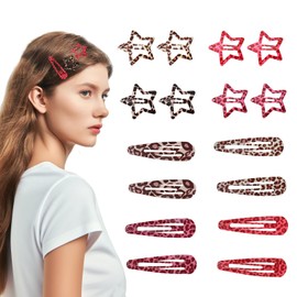 Metal Snap Hair Clips,16 PCS Hair Accessories For Girls - Star & Water Drop Hair Barrettes, Non-Slip Y2K Accessories,Pink and Brown Leopard Print, Girls Hair Accessories