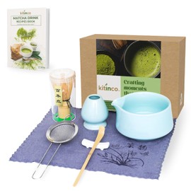 Kitinco Matcha Whisk Set with Matcha Drink Recipes Book – 7 Pcs Japanese Matcha Tea Set with Bamboo Whisk, Scoop, Sifter & Ceramic Bowl – Complete Matcha Kit for Tea Lovers
