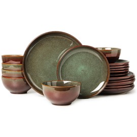 Pokini Stoneware Dinnerware Sets for 6, 18 Pieces Ceramic Plates and Bowls Sets, Chip and Scratch Resistant Dish Set, Dishwasher & Microwave Safe Plate Set, Brown Green