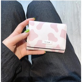 Favydov Cute Copmact Small Wallet for Women Girls Trifold Card Holder Mini Purse ID Window Cash Pocket Cow Print Pink