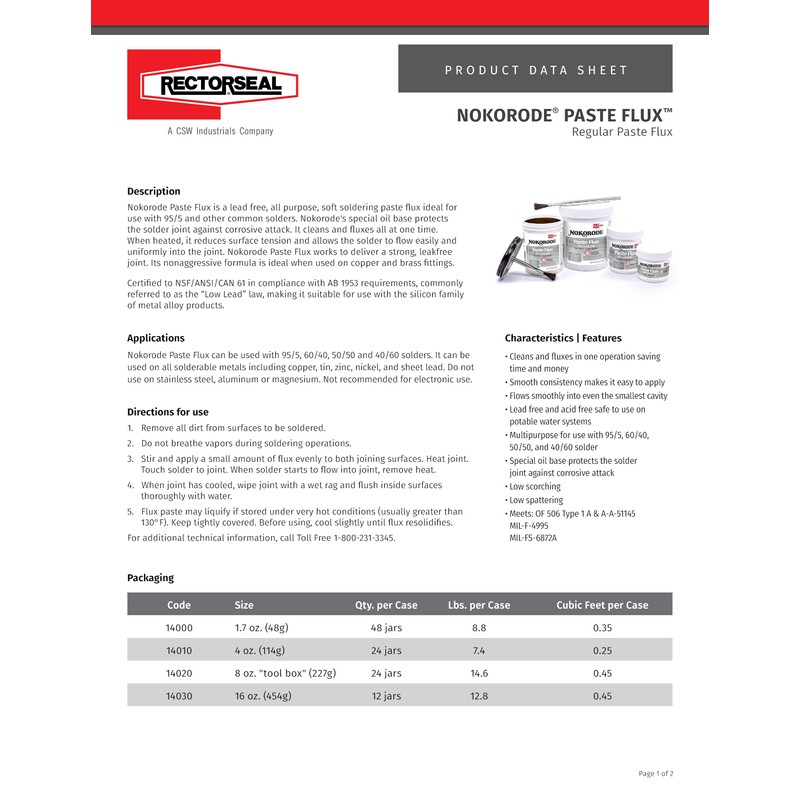 RectorSeal Nokorode 14010 Regular Paste Flux, Cleans and Fluxes, Plumbing,