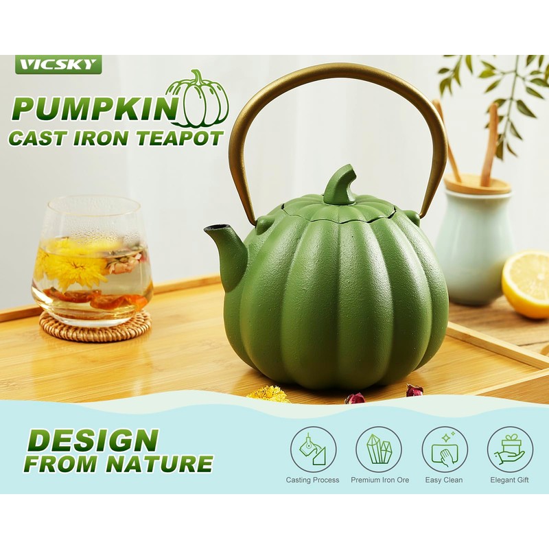 VICSKY Pumpkin Cast Iron Teapot (40 oz/1200 ml), Cute Natural
