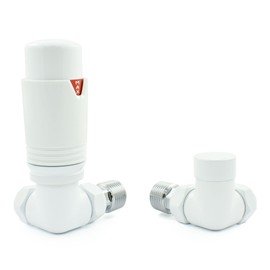 Hot Flow All-White Estuary Corner TRV Thermostatic Radiator Valve (Pair) Includes Corner TRV Body, Wheel Head & Lock Shield for Quick & Easy Temperature Control. Perfect for Energy Saving.