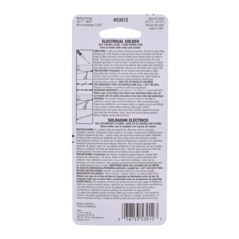 Oatey 53012 Rosin Leaded Core Solder, 1 oz, Silver Gray