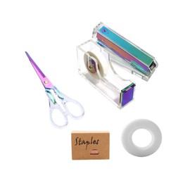 Acrylic Rainbow Stapler Tape Dispenser Scissors Set Heavy Duty Office Desk Stapler Tape Cutter Dispenser with 6.3" Black Scissors Office Supplies Stationery Desk Set for Home, Office N School
