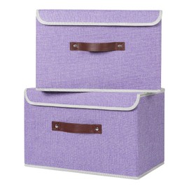 ANMINY 2PCS Storage Bins with Lid PU Leather Handles Storage Boxes PP Plastic Board Decorative Foldable Lidded Cotton Linen Fabric Home Cubes Baskets Closet Organizer Containers - Purple, Large Size
