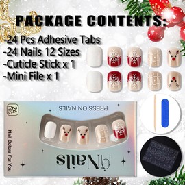 24Pcs Christmas Press on Nails Short Square Nails Elk Snowflake Star Fake Nails with Glue White Nude Acrylic Nails Supply Full Cover Winter Xmas Holiday False Nails Stick on Nails for Women Girls