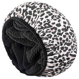 Aquior Gorro de ducha, gorro de baño extra grande de triple capa con función de cabello seco para mujer, tela de rizo de microfibra, satén sedoso, 100% impermeable, reutilizable, gorro de baño de pelo largo (leopardo)