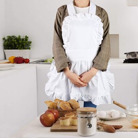 Nikou Ruffle Cooking Apron Women's Kitchen Apron Short White Adjustable Maid Aprons Ruffle Hem Apron Plain Cotton Apron for Kitchen Coffee House Restaurant
