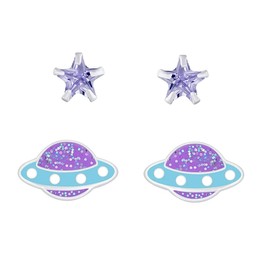 UFO and Star Stud Earrings Set of 2 - Sparkly Purple - 925 Sterling Silver