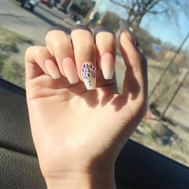 Bufenia French Coffin False Nails Flash Gradient Nude Pink Press On Nails Glitter Ballerina Artificial Nails Shiny Acrylic Nails for Women and Girls 24 Pieces (Rhinestones)