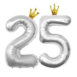 40 Inch Silver Crown Number 25 Balloons, 25th Large Foil Helium Balloons, Gold 25th Celebration Decor Happy 25th Birthday Party,25th Birthday Party Decoration Wedding Anniversary Events Supplies