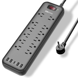 Power Bar, MKSENSE Surge Protector with 12 Outlets & 4 USB Ports & 1 Type-C Port (5V/3A), 3600 Joules, Angled Flat Plug, Spaced Outlets & ETL Listed Power Outlet for Home Office - Black