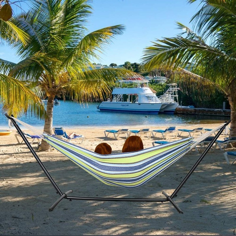 JUNELILY 9' Double Cotton Hammock with Space Saving Steel Stand