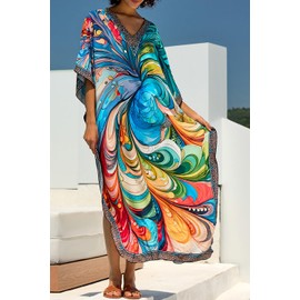 LikeJump Women's Long Kaftan Dress Kimono Beach Dresses Cardigan Pareo Bikini Cover Ups, A6, Multi-Colour, 5