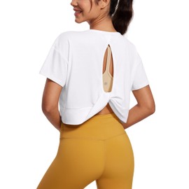 CRZ YOGA Open Back Short Sleeve Crop Top for Women Loose Athletic Yoga Workout Tops Casual Cropped Tee Shirts White Large