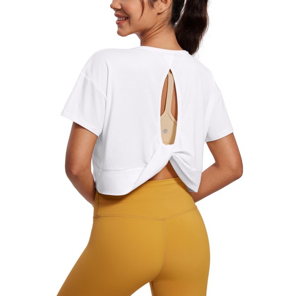 CRZ YOGA Open Back Short Sleeve Crop Top for Women