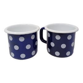 Madacha 2 x Metal Enamel Mugs 250ml Blue with White Dots and White Piping DE00320