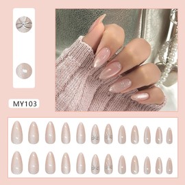 24 Pcs Nude Press on Nails Short Almond Fake Nails French Tip False Nails with Bow Design Full Cover Nude Acrylic Artificial on Nails Glossy Stick on Nails for Women and Girls DIY Nails