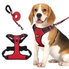 No Pull Dog Harness,Oxford Dog Vest Harness, Reflective No-Choke Pet Harness with Easy Control Soft Handle Walking Dog Harness,Double Padded, Adjustable, Small to Large Dogs Incl Bonus Leash (Red, XS)