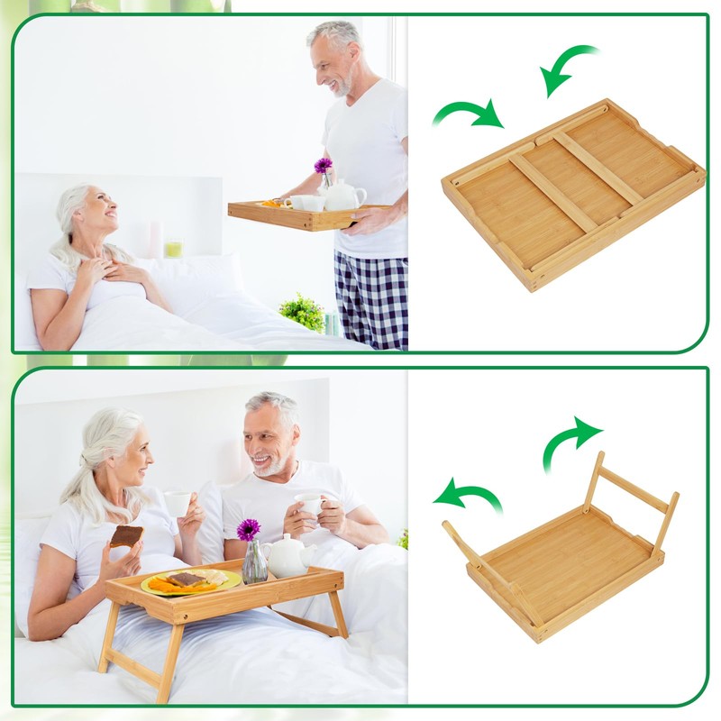 Bed Tray Table with Handles Folding Legs, Bamboo Breakfast Food