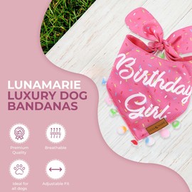 LunaMarie - Luxury Pet Birthday Bandanas -Premium & Silky Poly Fabric | 100% Handmade | Custom Shape Dual Layered (Birthday Girl, Small)