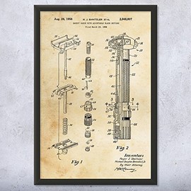 Framed Fatboy Safety Razor Print, Barber Gift, Bathroom Art, Stylist Gift, Salon Wall Art, Shaving Blueprint Vintage Paper (8x10)