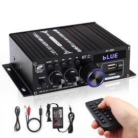 AK-380 - Amplificador Bluetooth con función de control remoto, amplificador Bluetooth 2.0 compatible con entrada Bluetooth/USB/AUX/RCA y función de radio FM (con fuente de alimentación CC de 12 V/5 A)