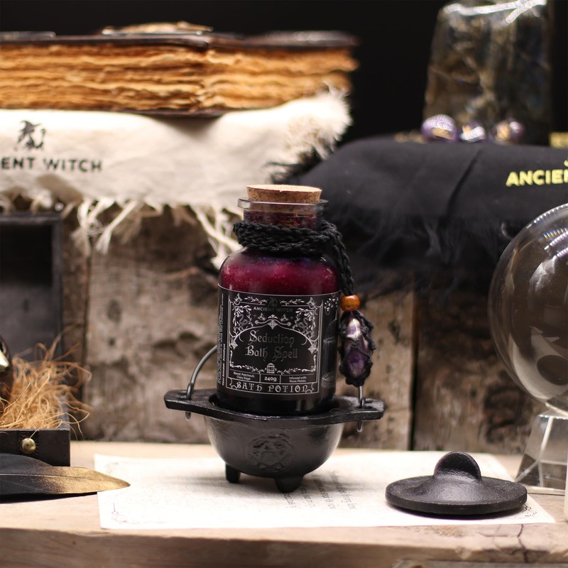 Ancient Witch Bath Spell Potion with Amethyst Crystal Amulet, Seduction