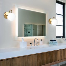 ZHUOER Modern Bedroom Wall Sconce Brushed Brass Indoor Wall Light Fixture Milk White Globe Glass Wall Lamp for Bathroom Kitchen Living Room Vanity Hallway (Exclude Bulb)