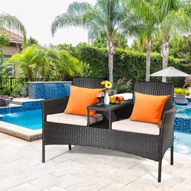 HAPPYGRILL Outdoor Loveseat with Removable Cushions and Coffee Table, Rattan Patio Wicker Conversation Set for Garden Lawn Backyard