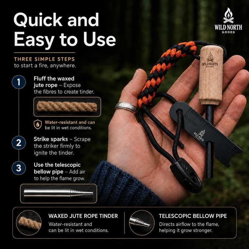 Wild North Goods Fire Starter Kit - Ferro Rod, Striker,
