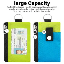 SUNDEE Minimalist Small Wallet with Lanyard, Waterproof ID Case with 2 Zipper Pockets and Key Chain for Men and Women, Tactical Badge Pouch Cards Holder, Coin Purse for Travel Sports-Blue+Green
