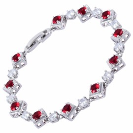 RIZILIA Tennis Bracelet [18cm/7inch] with Round Cut Gemstones CZ [Red Ruby] in 18K White Gold Plated, Simple Modern Elegance