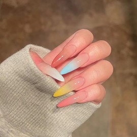 24Pcs Rainbow Gradient Press on Nails Long Length Almond Shaped French Tip False Nails Colorful Smudge Fake Nails Reusable Artificial Coffin Nails Full Cover Acrylic Nails Glue on Nails for Women