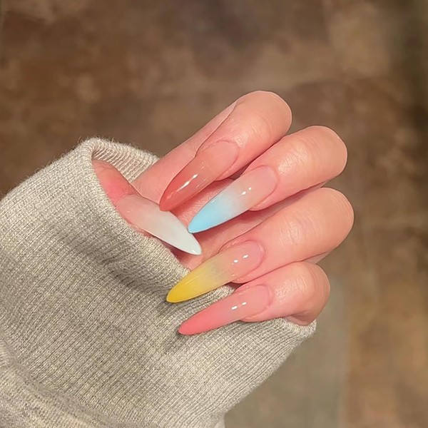 24Pcs Rainbow Gradient Press on Nails Long Length Almond Shaped