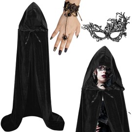Powmag Black Cape with Hood Set, 140/150/170 cm Cape Velvet with Lace Mask and Gothic Finger Chain, Cape Vampire Costume Women Men Adult for Carnival Cosplay Costume (S)