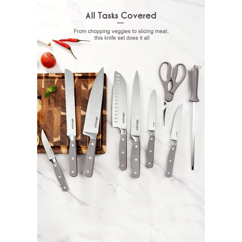 elitequo 13 pieces Kitchen Knife Block Set with Sharpener,Dishwasher Safe,German
