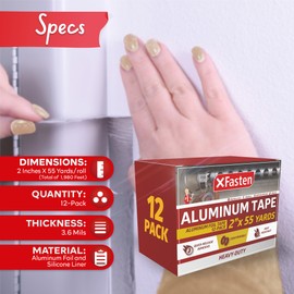 XFasten Aluminum Foil Tape for Ductwork 2 Inch x 55 Yards 12-Pack (1980 Feet) 3.6mil Aluminum Tape for Ductwork Heavy Duty Dryer Vent Tape Foil and Seal HVAC Tape for Ducts, High Temp HVAC Duct Tape